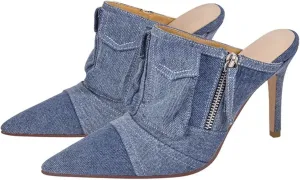 Women's Denim Stiletto Mules - Slip On Thin Heel Classic Sandals