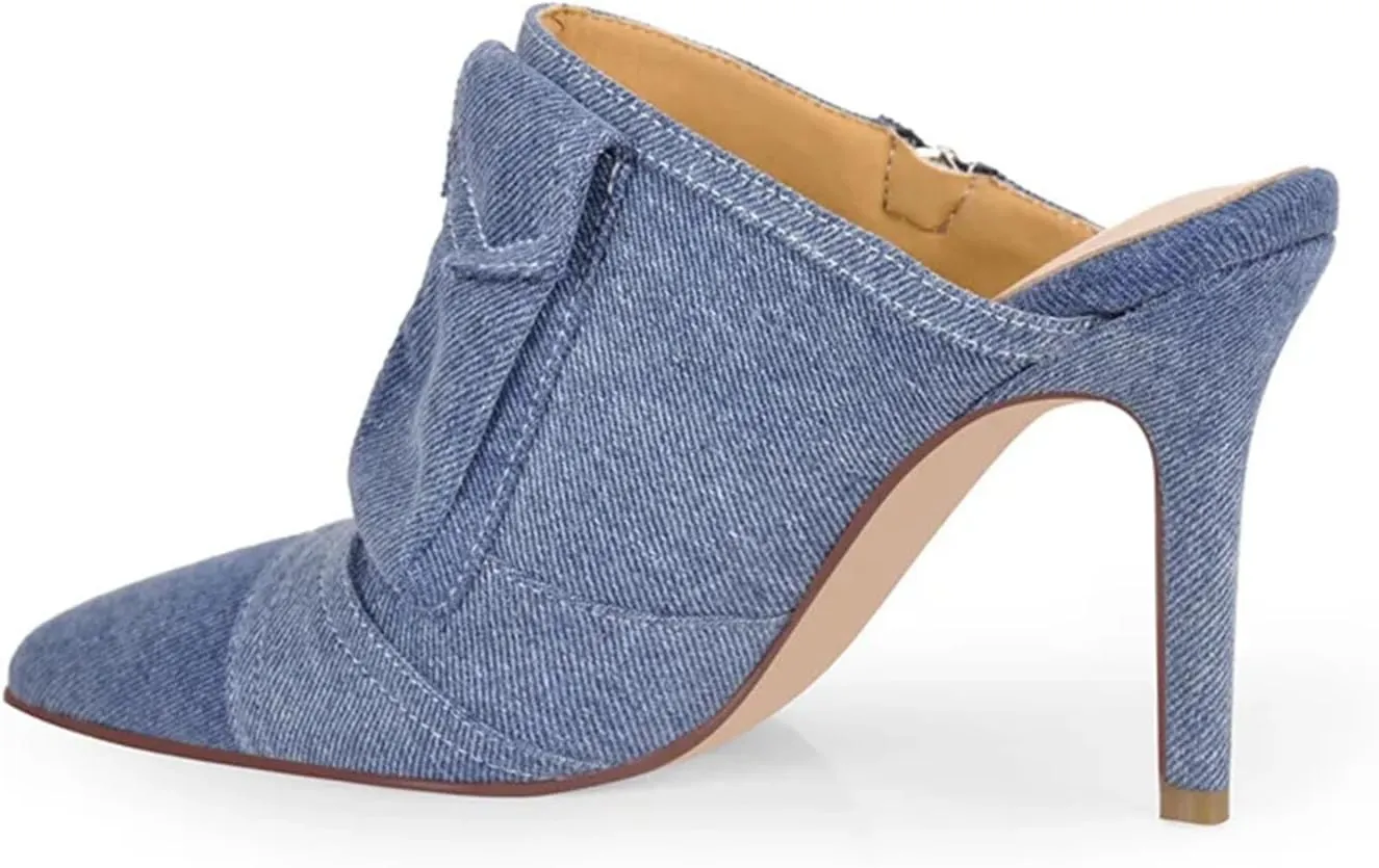 Women's Denim Stiletto Mules - Slip On Thin Heel Classic Sandals