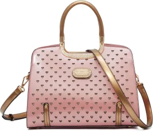 Women's Elegant Handbag – Designer Patent Leather Tote Bag, Heart Studs & Rhinestones, Top Handle with Crossbody Strap