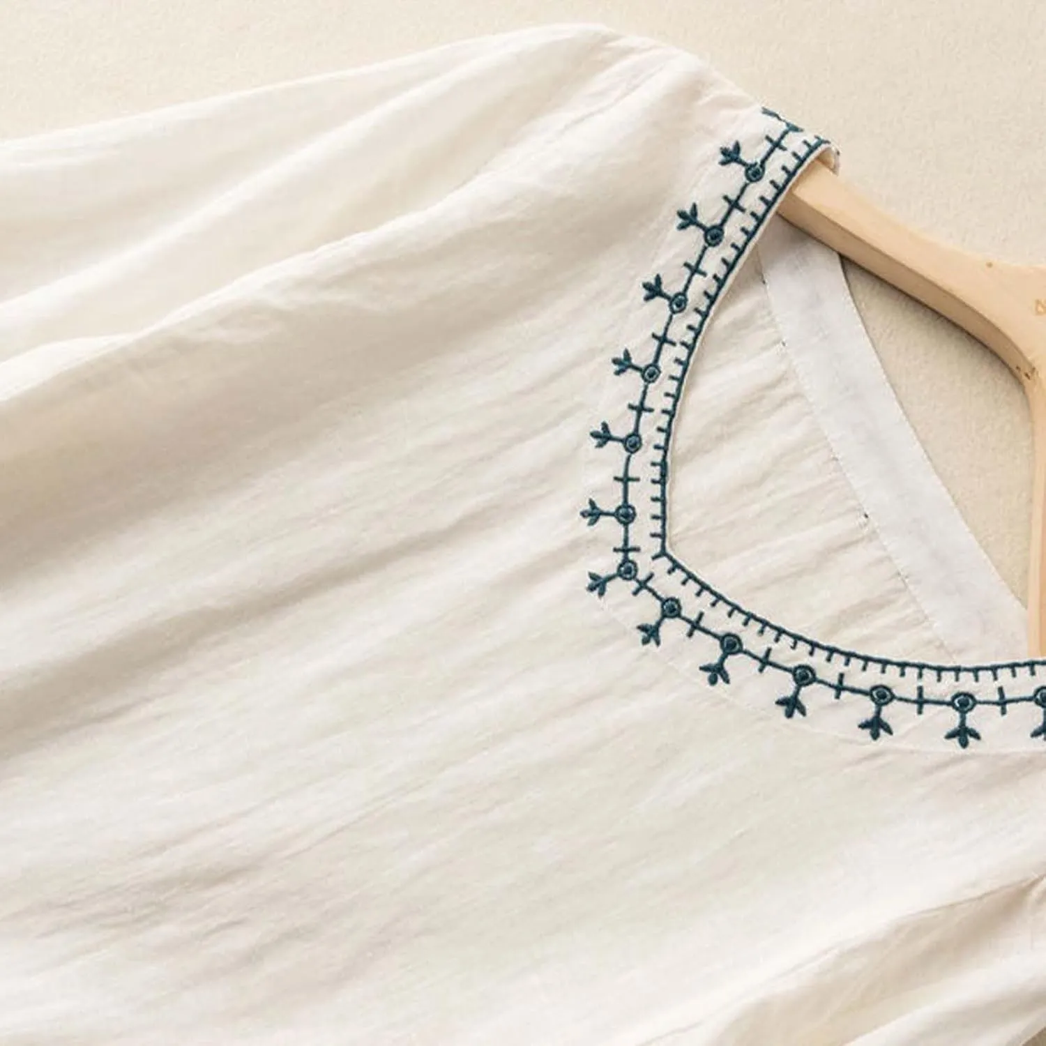 Women's Embroidered Shirts Plain Solid Long Sleeve Cotton Linen Summer Casual Basic Blouse Top Loose Tops