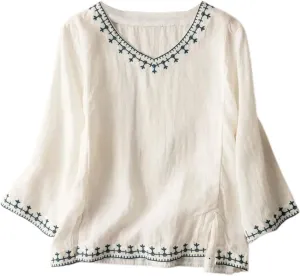 Women's Embroidered Shirts Plain Solid Long Sleeve Cotton Linen Summer Casual Basic Blouse Top Loose Tops