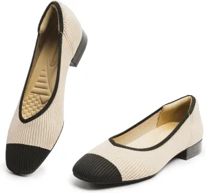 Women's Flats with Arch Support, Square Toe Knit Flats for Women, Comfortable Knit Slip On Dress Shoe, Nude and Black Size 8