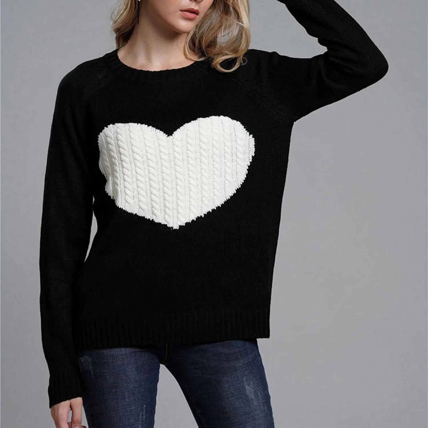 Womens Heart Sweater，Cute Valentine Sweater for Women Lightweight Cable Knit Oversized Spring Sweaters Dressy Casual