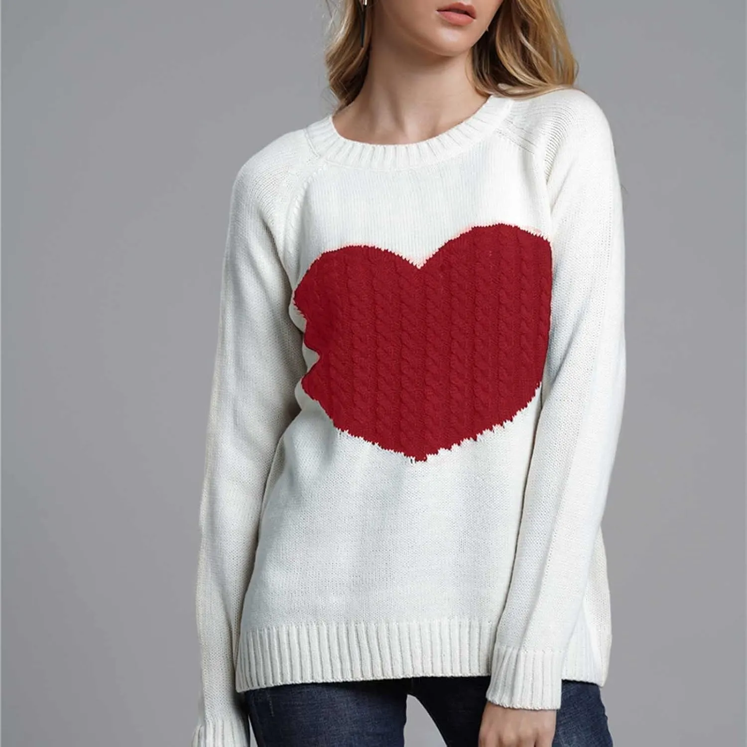 Womens Heart Sweater，Cute Valentine Sweater for Women Lightweight Cable Knit Oversized Spring Sweaters Dressy Casual