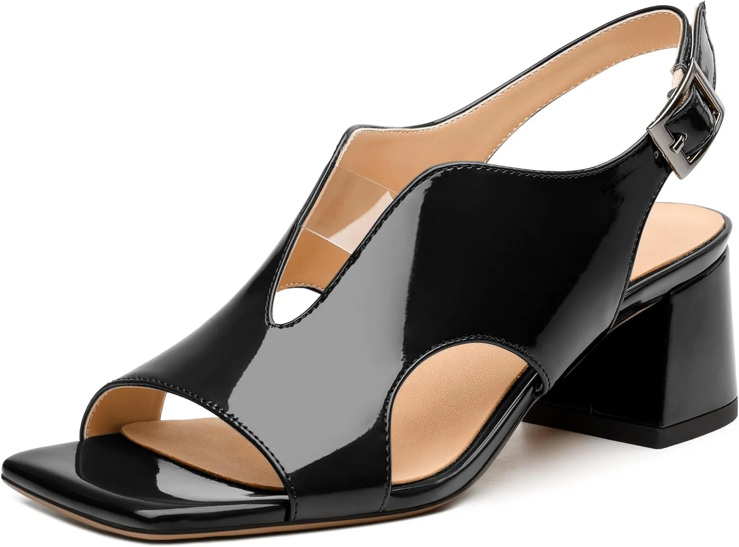 Womens Heeled Sandals, Square Peep Toe Mid Block Heel Slingback Sandals for Women, Leather Insole Chunky Heel Sandals with Buckle 2"