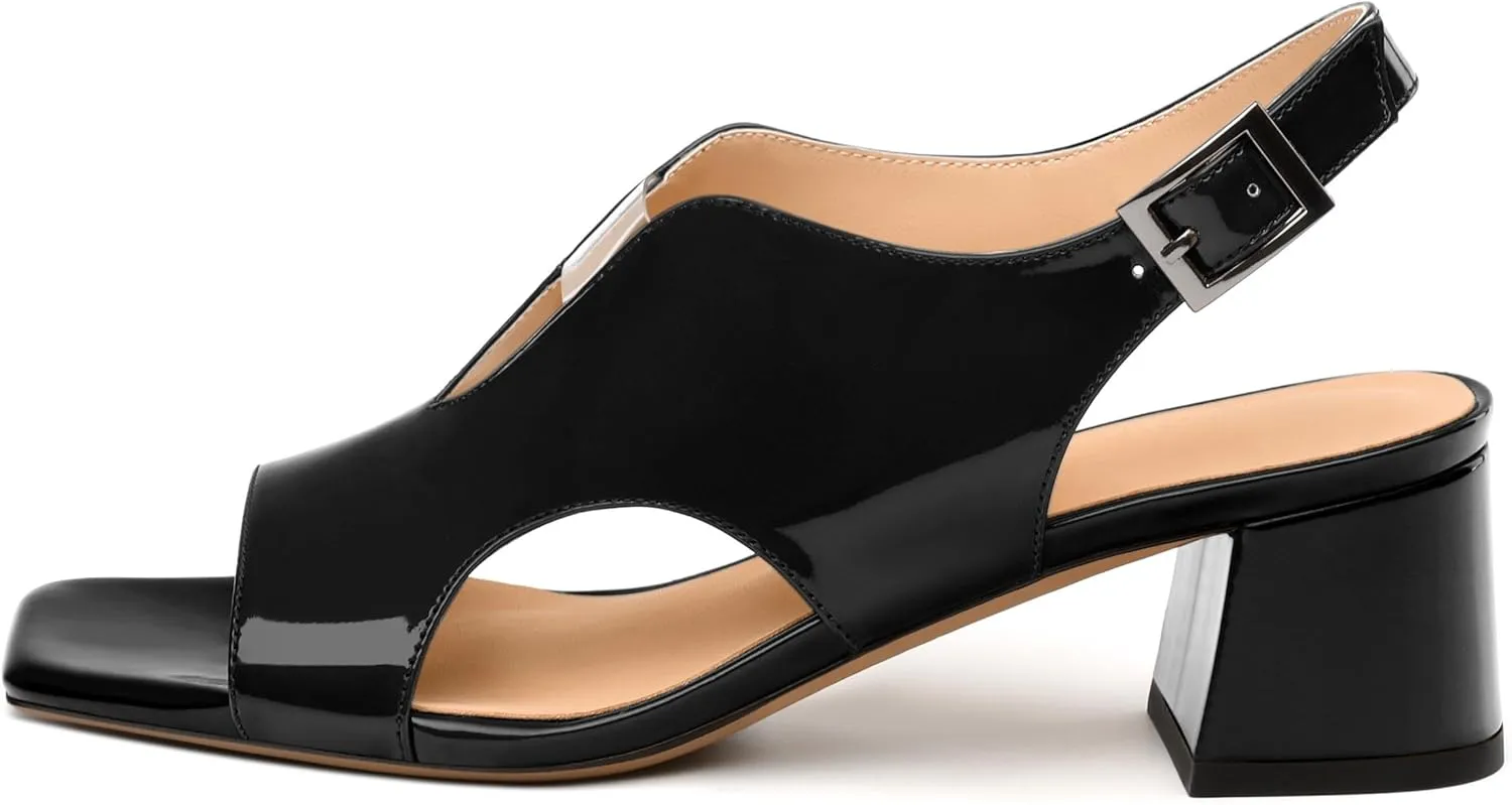 Womens Heeled Sandals, Square Peep Toe Mid Block Heel Slingback Sandals for Women, Leather Insole Chunky Heel Sandals with Buckle 2"