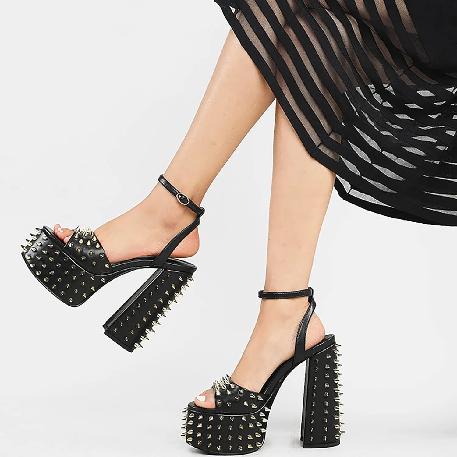 Women's High Heels Sandals Chunky Heel Platform Studded Pumps Peep Toe Ankle Strap Dress Shoes Party Wedding Pump Shoes