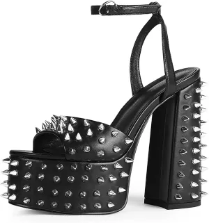 Women's High Heels Sandals Chunky Heel Platform Studded Pumps Peep Toe Ankle Strap Dress Shoes Party Wedding Pump Shoes