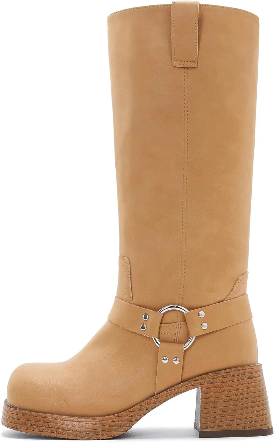 Womens Knee High Biker Boots Square Toe Block Heel Studded Straps Ridding Boot Fashion Motorcycle Side Zipper Tall Boots