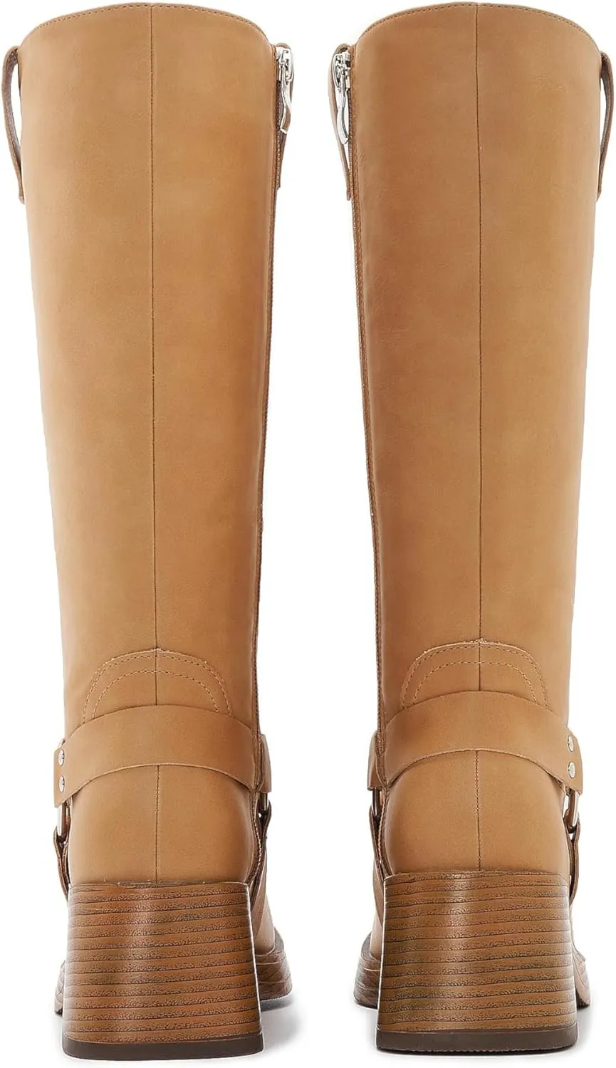 Womens Knee High Biker Boots Square Toe Block Heel Studded Straps Ridding Boot Fashion Motorcycle Side Zipper Tall Boots