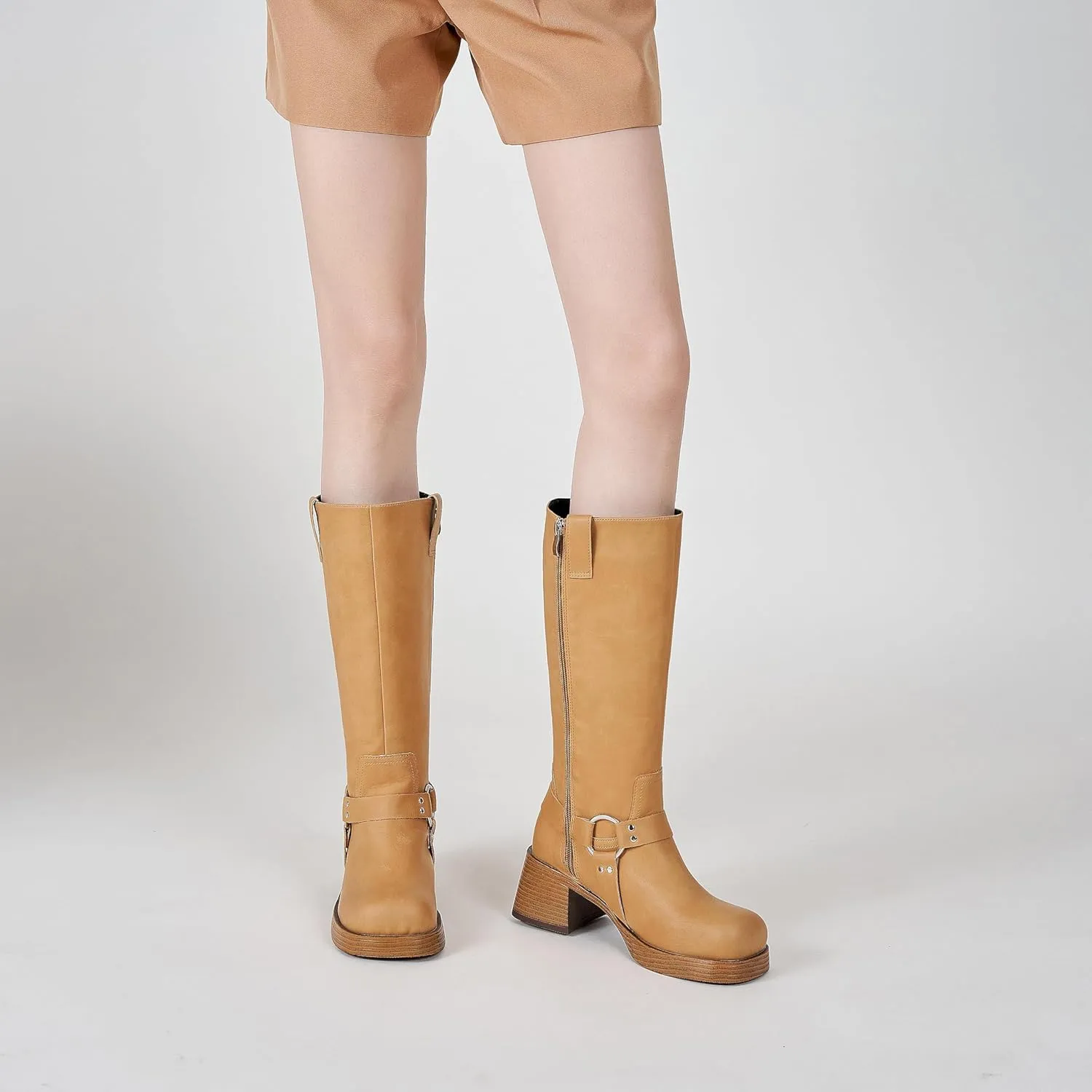 Womens Knee High Biker Boots Square Toe Block Heel Studded Straps Ridding Boot Fashion Motorcycle Side Zipper Tall Boots