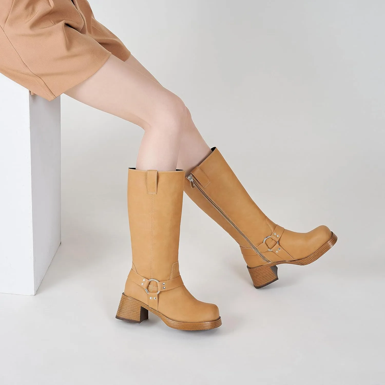 Womens Knee High Biker Boots Square Toe Block Heel Studded Straps Ridding Boot Fashion Motorcycle Side Zipper Tall Boots