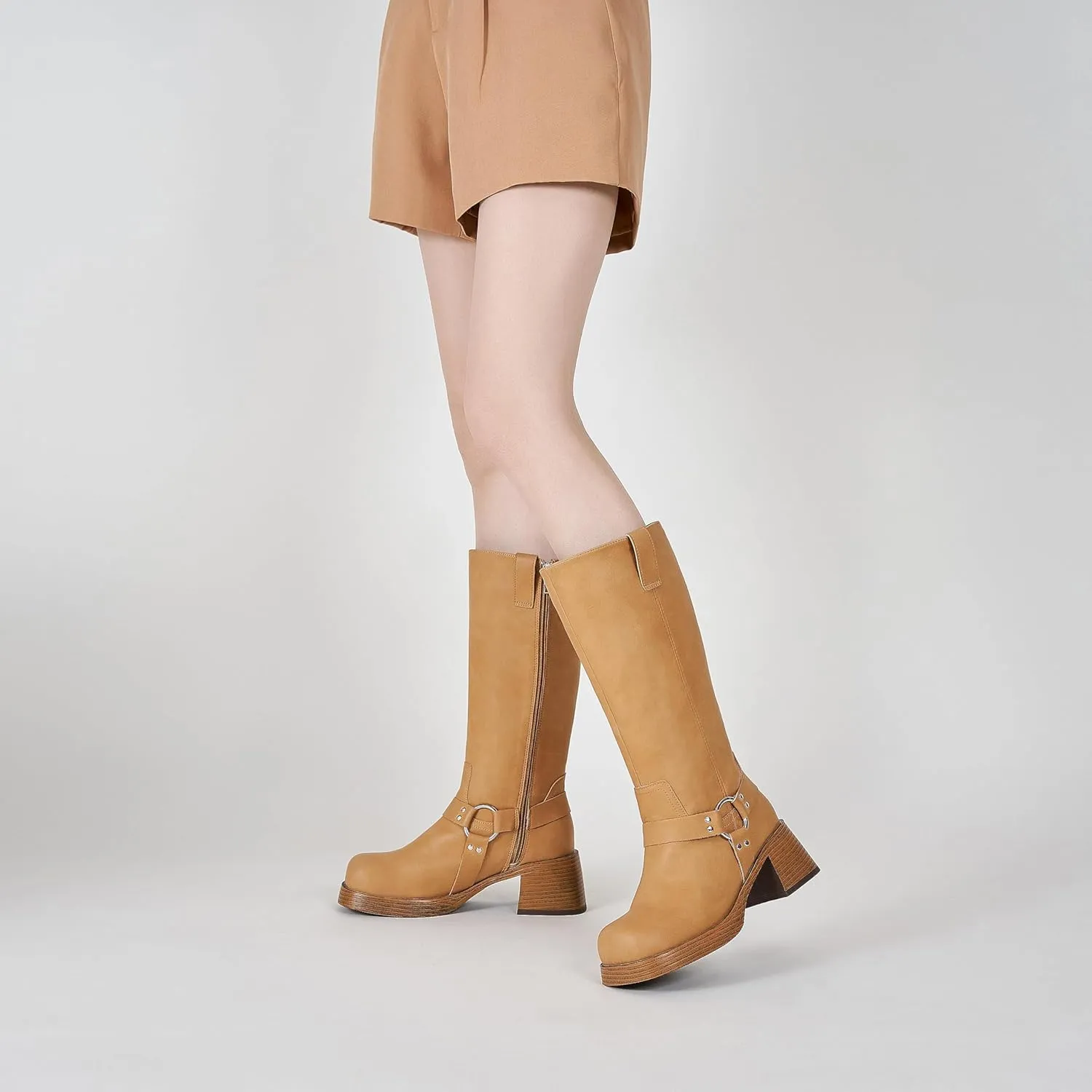 Womens Knee High Biker Boots Square Toe Block Heel Studded Straps Ridding Boot Fashion Motorcycle Side Zipper Tall Boots