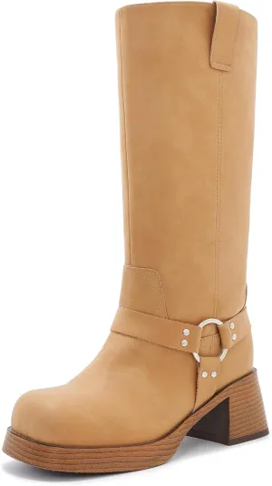 Womens Knee High Biker Boots Square Toe Block Heel Studded Straps Ridding Boot Fashion Motorcycle Side Zipper Tall Boots