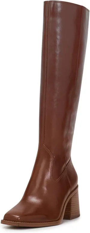 Women's Knee High Leather Boots with Zipper Square Toe Chunky Heeled Tall Boots