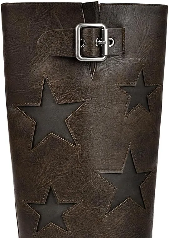 Women's Knee High Riding Boots Square Toe Chunky Block Heel Fashion Buckle Motocycle Biker Boots with Stars