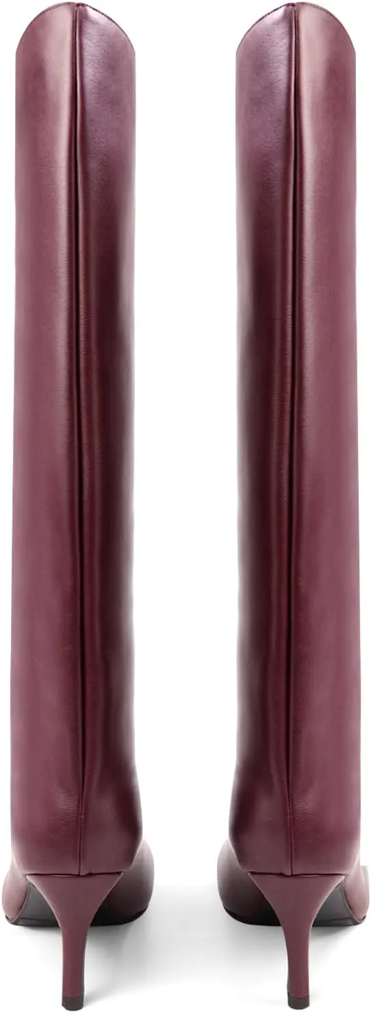 Women's Knee High Suede Boots for Women Wide Calf Square Toe Stiletto Heels Tall Boots Pull On High Heel Long Booties