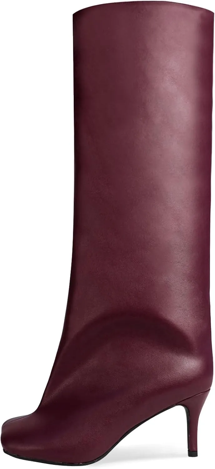 Women's Knee High Suede Boots for Women Wide Calf Square Toe Stiletto Heels Tall Boots Pull On High Heel Long Booties