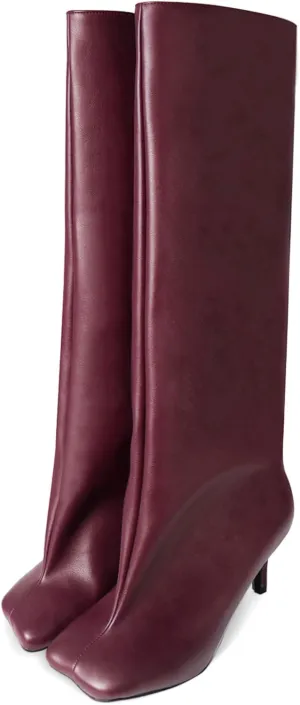 Women's Knee High Suede Boots for Women Wide Calf Square Toe Stiletto Heels Tall Boots Pull On High Heel Long Booties