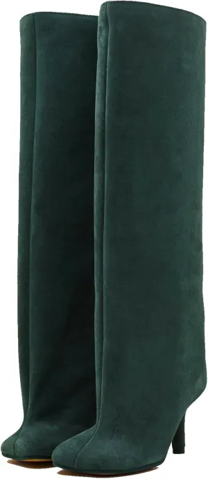 Women's Knee High Suede Boots for Women Wide Calf Square Toe Stiletto Heels Tall Boots Pull On High Heel Long Booties