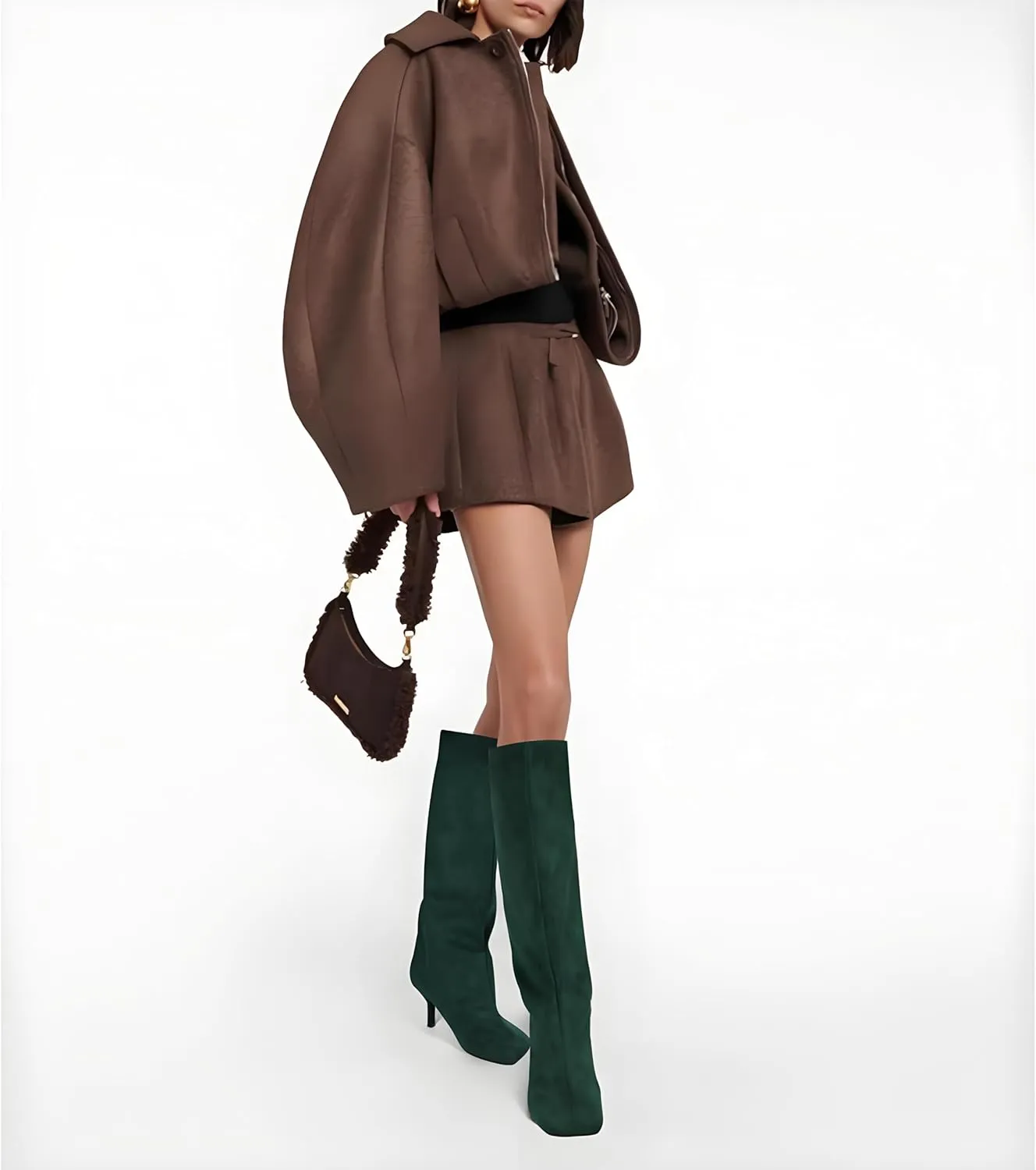 Women's Knee High Suede Boots for Women Wide Calf Square Toe Stiletto Heels Tall Boots Pull On High Heel Long Booties