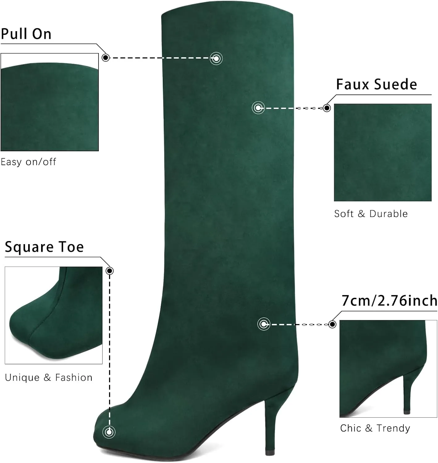 Women's Knee High Suede Boots for Women Wide Calf Square Toe Stiletto Heels Tall Boots Pull On High Heel Long Booties