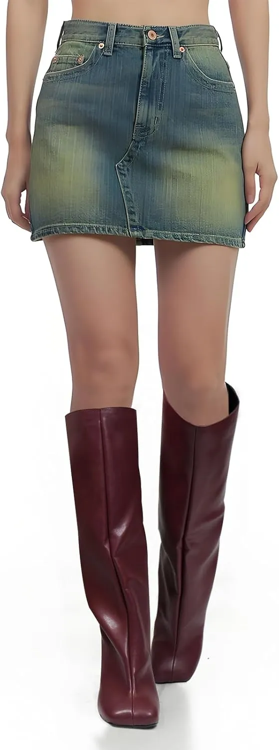 Women's Knee High Suede Boots for Women Wide Calf Square Toe Stiletto Heels Tall Boots Pull On High Heel Long Booties