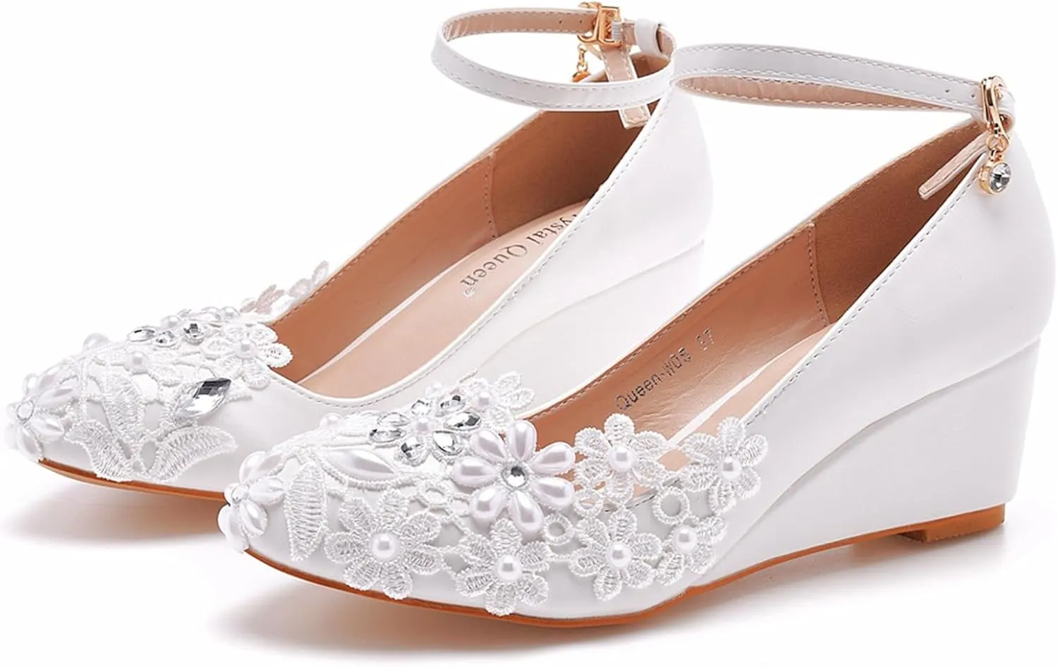 Women's Lace Wedge Heel Pump Shoes 5.5Cm Wedding Bridal Prom Party Dress Shoes White Round High Heel