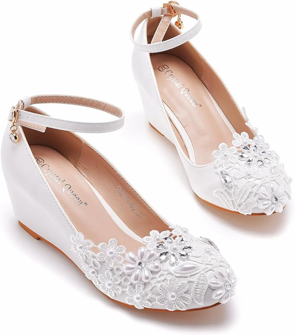 Women's Lace Wedge Heel Pump Shoes 5.5Cm Wedding Bridal Prom Party Dress Shoes White Round High Heel