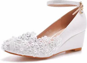 Women's Lace Wedge Heel Pump Shoes 5.5Cm Wedding Bridal Prom Party Dress Shoes White Round High Heel