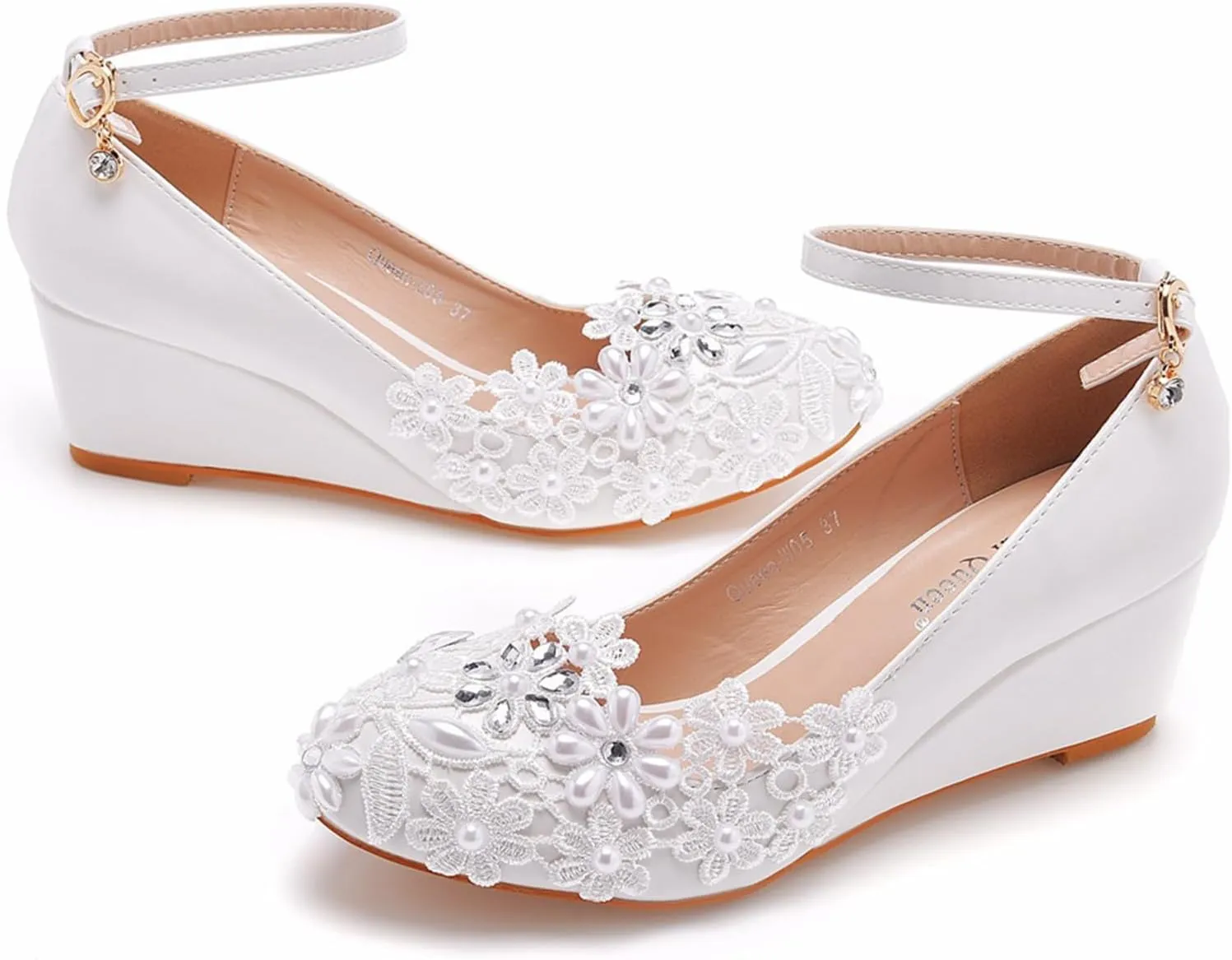 Women's Lace Wedge Heel Pump Shoes 5.5Cm Wedding Bridal Prom Party Dress Shoes White Round High Heel
