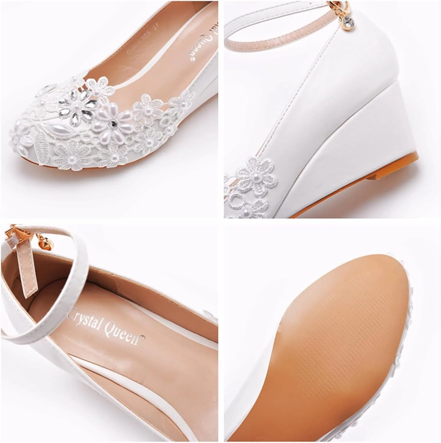 Women's Lace Wedge Heel Pump Shoes 5.5Cm Wedding Bridal Prom Party Dress Shoes White Round High Heel
