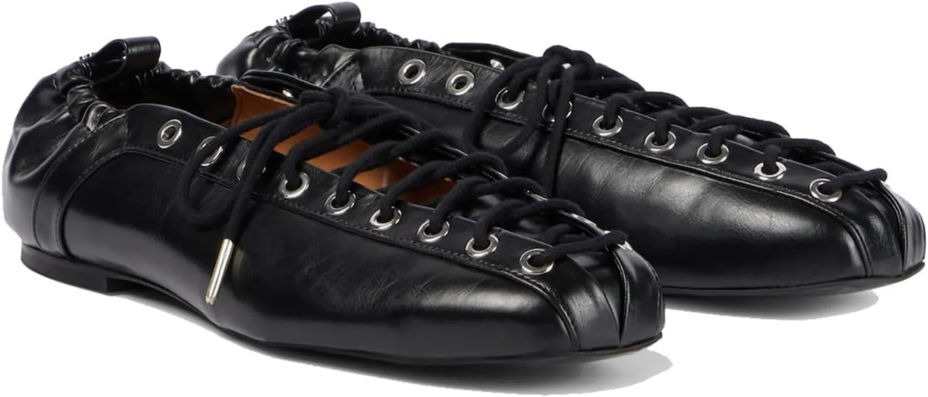 Women's Leather Ballet Flats, Square Closed Toe Lace-Up Flat Shoes, Fashion Dress Work Comfort Slip On Shoes with Elastic Backstrap
