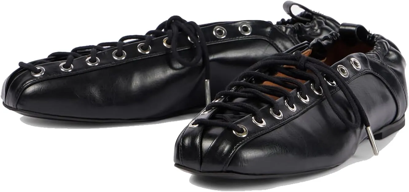 Women's Leather Ballet Flats, Square Closed Toe Lace-Up Flat Shoes, Fashion Dress Work Comfort Slip On Shoes with Elastic Backstrap