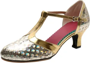 Women‘s Leather Ballroom Dance Shoes Latin Performance Dance Shoes Closed Toe Ankle Floral Sandals for Women Comfort