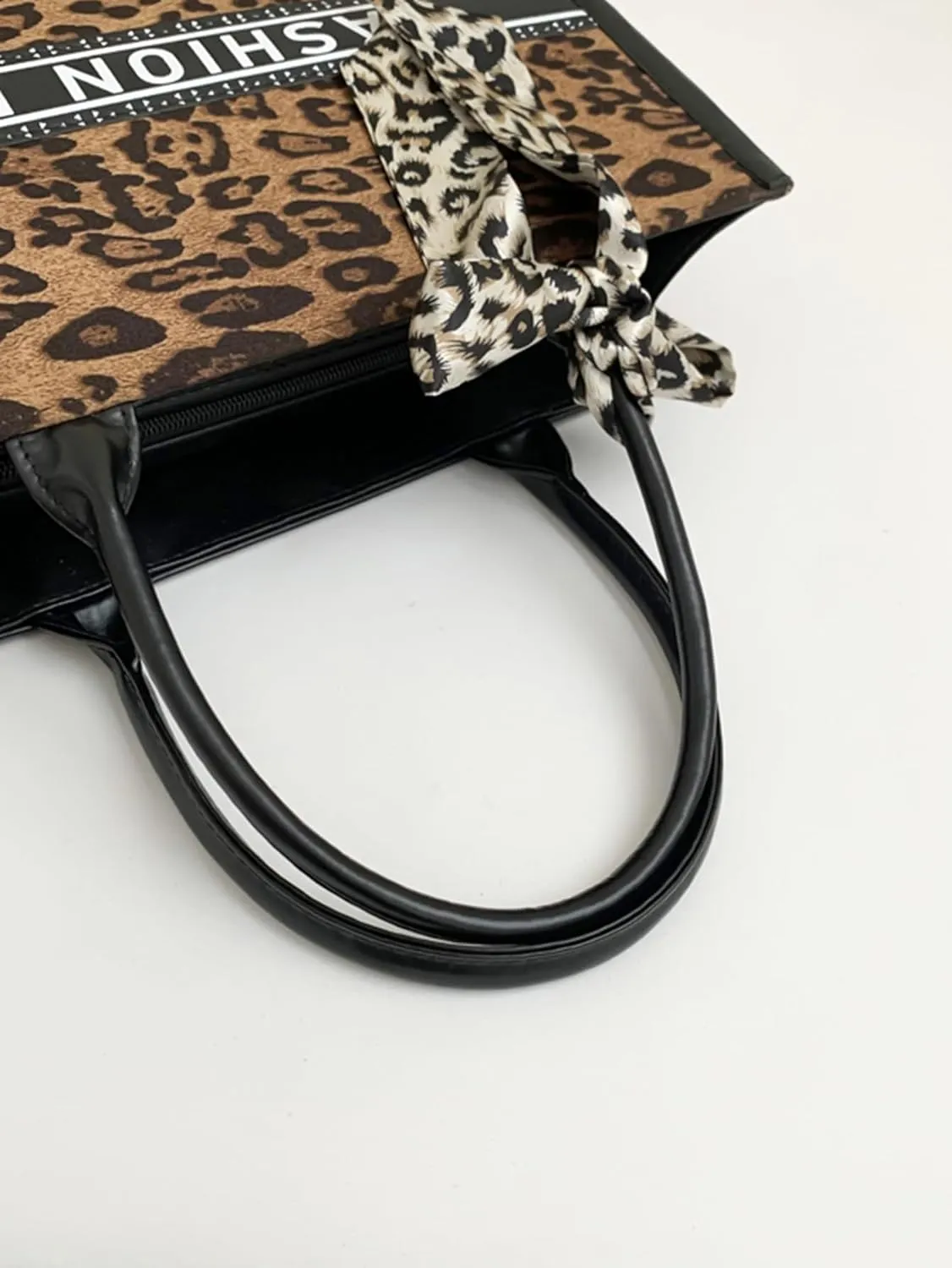 Women's Leopard Letter Graphic Handbag Large Capacity Top Handle Square Tote Bags