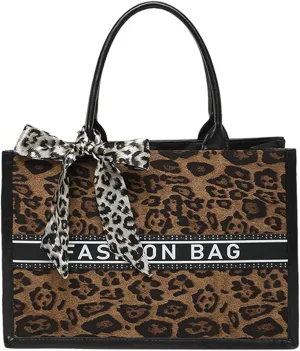 Women's Leopard Letter Graphic Handbag Large Capacity Top Handle Square Tote Bags