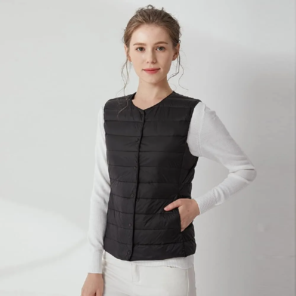 Women's Lightweight Down Vest Crewneck Button Down Packable Puffer Vest Ultra Light Slim Fit Sleeveless Waistcoat