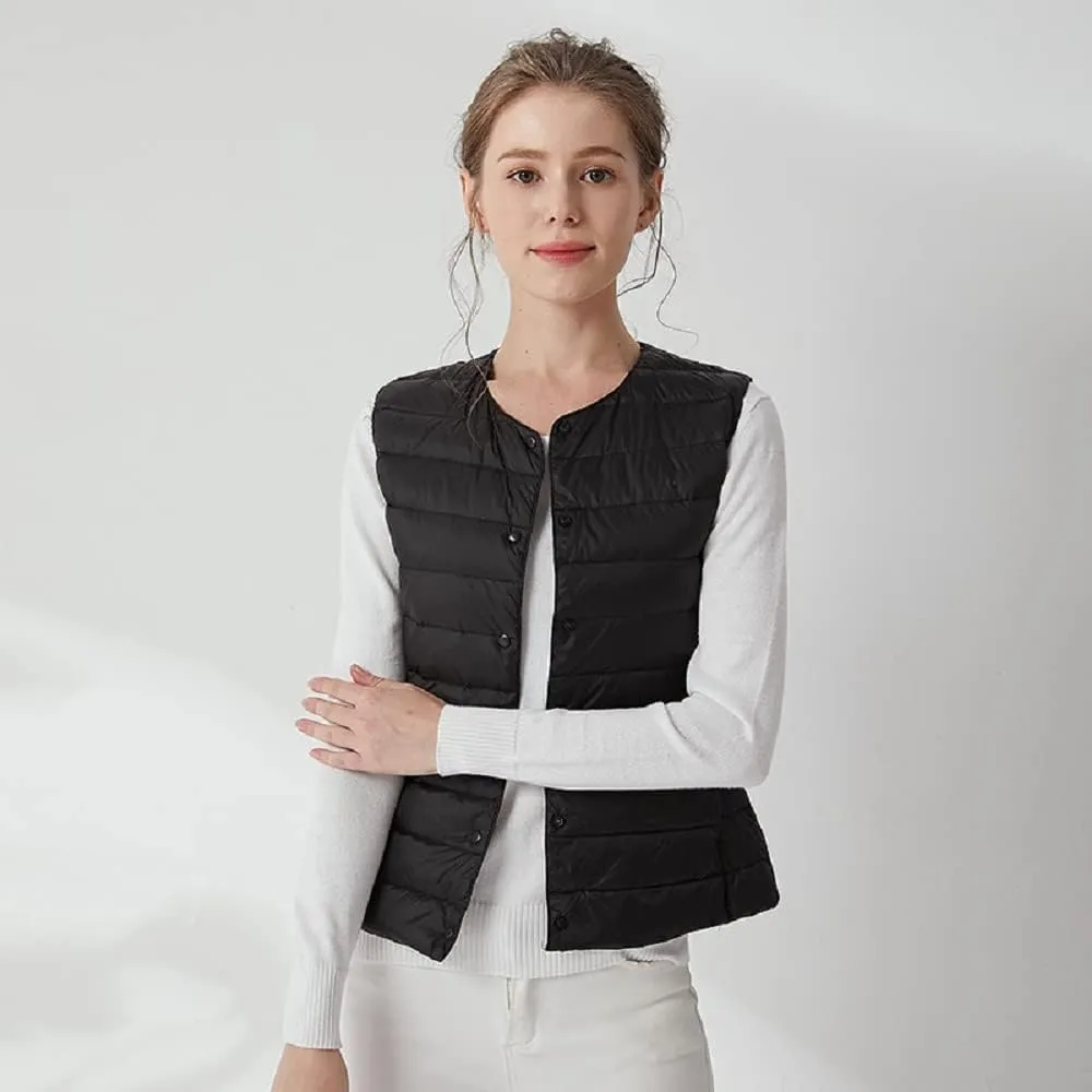 Women's Lightweight Down Vest Crewneck Button Down Packable Puffer Vest Ultra Light Slim Fit Sleeveless Waistcoat