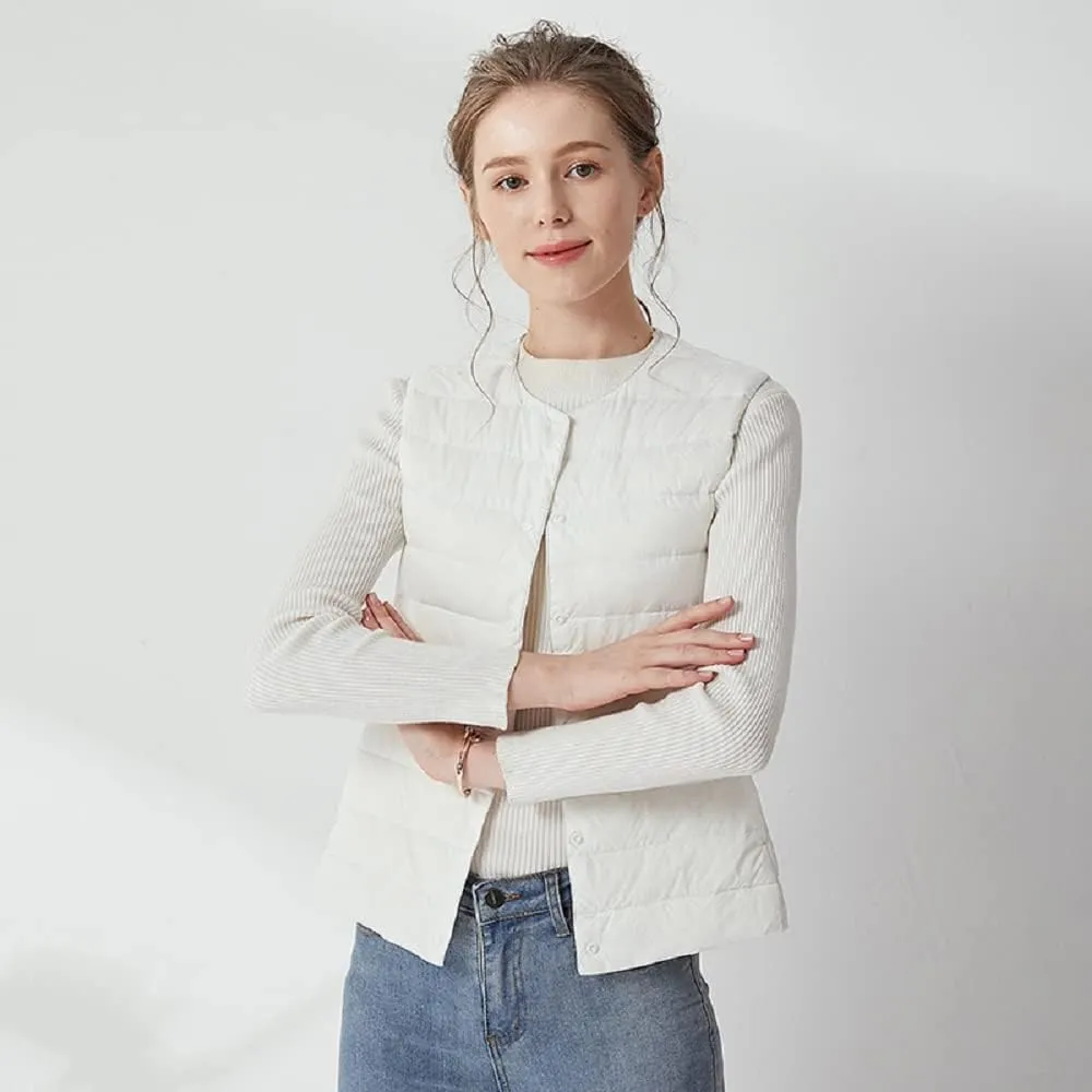 Women's Lightweight Down Vest Crewneck Button Down Packable Puffer Vest Ultra Light Slim Fit Sleeveless Waistcoat