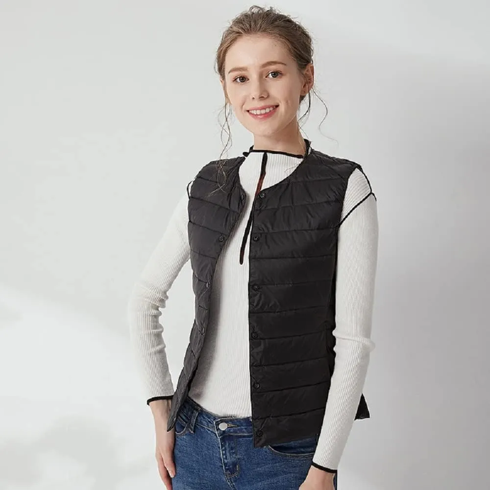 Women's Lightweight Down Vest Crewneck Button Down Packable Puffer Vest Ultra Light Slim Fit Sleeveless Waistcoat