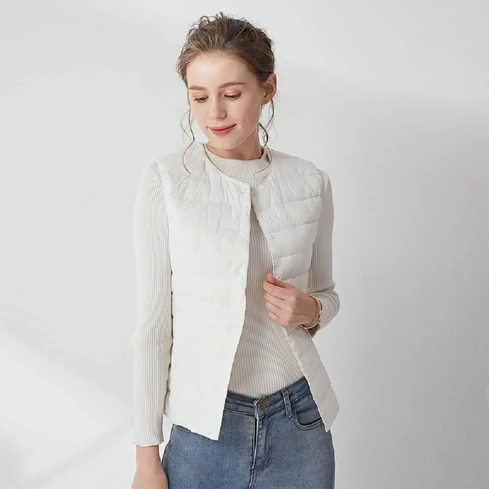 Women's Lightweight Down Vest Crewneck Button Down Packable Puffer Vest Ultra Light Slim Fit Sleeveless Waistcoat