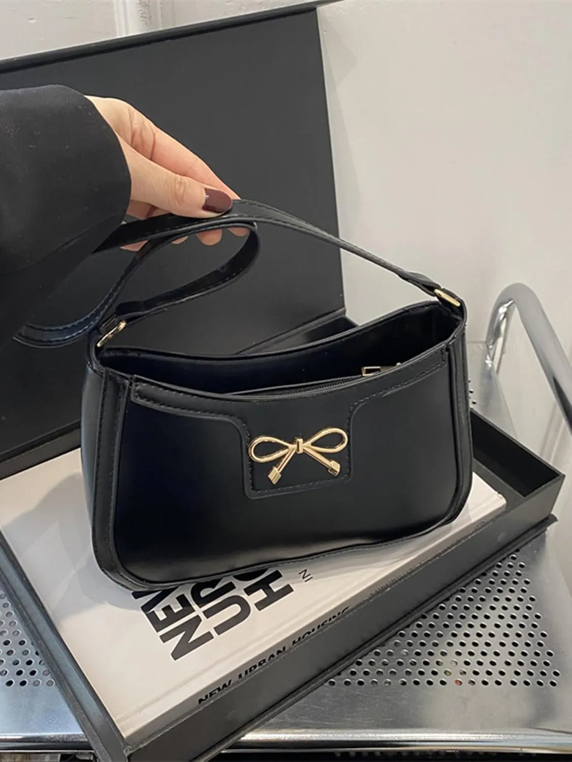 Women's Metal Bow Shoulder Handbags PU Leather Underarm Bags Square Purse
