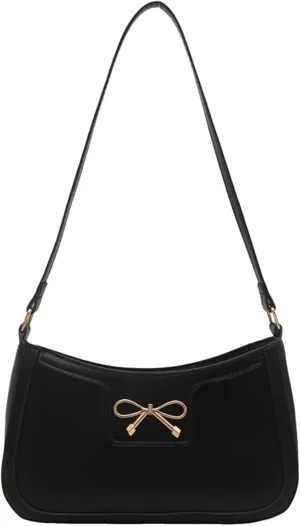 Women's Metal Bow Shoulder Handbags PU Leather Underarm Bags Square Purse