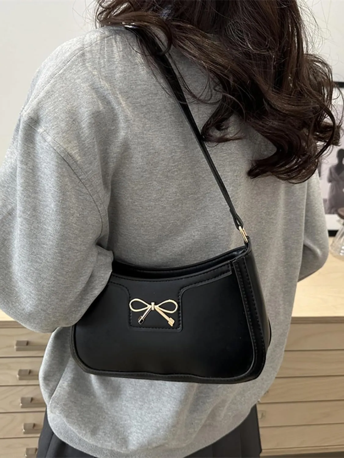Women's Metal Bow Shoulder Handbags PU Leather Underarm Bags Square Purse