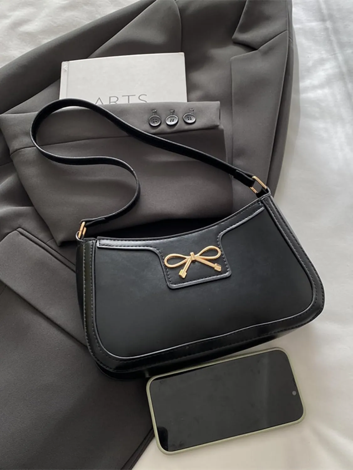 Women's Metal Bow Shoulder Handbags PU Leather Underarm Bags Square Purse