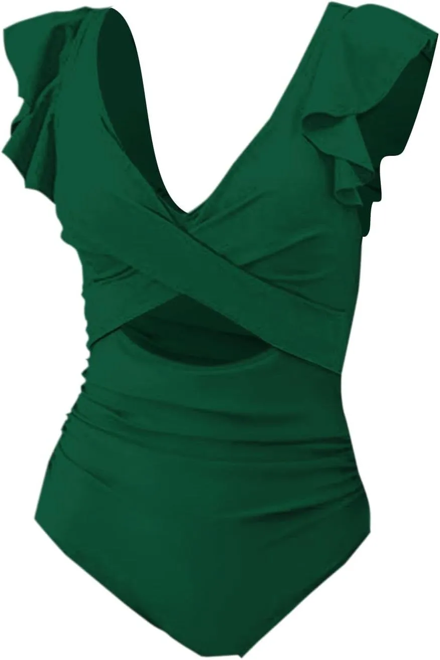 Women's One Piece Swimsuits Ruffle Sleeve Tummy Control Swimsuit Cutout Slimming Push up High Waisted Bathing Suit