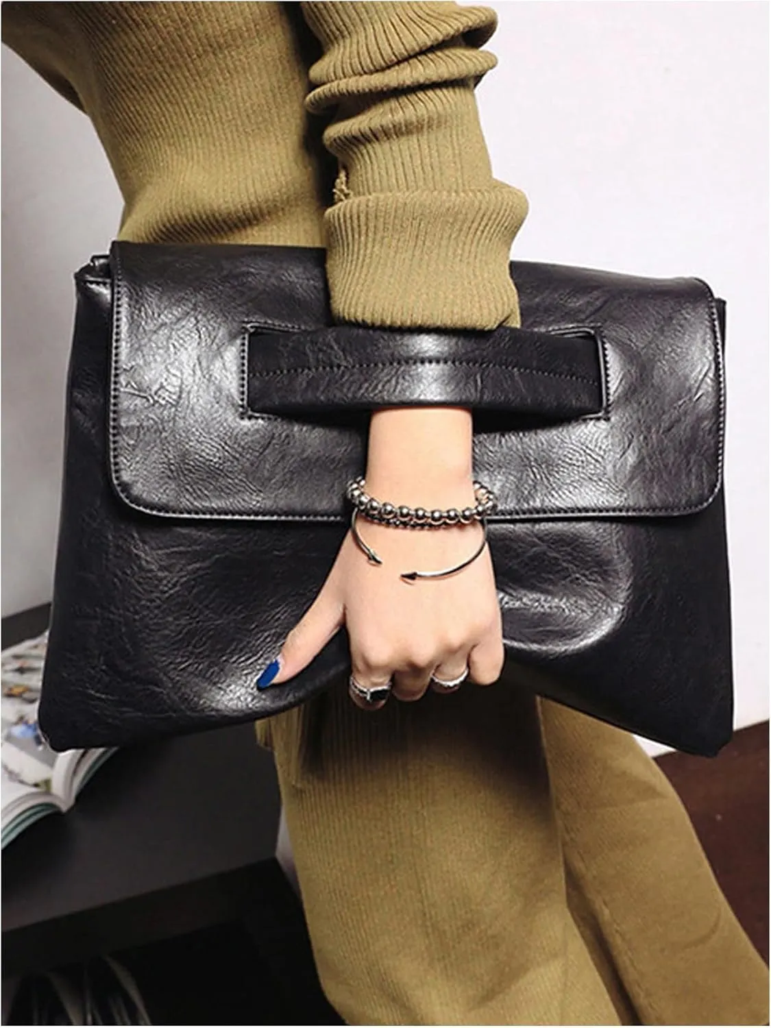 Women's PU Leather Large Handbags Designer Flap Square Bag Elegant Purses