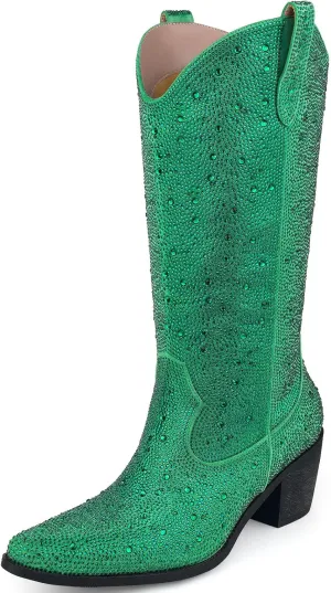 Women’s Rhinestone Cowboy Boots Mid Calf Pointed Toe Sparkly Block Heel Cowgirl Boots with Pull On Tabs