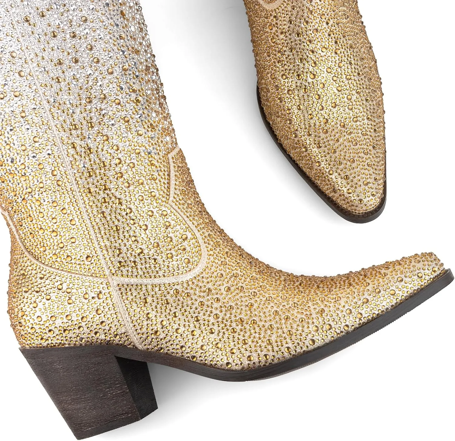 Women’s Rhinestone Cowboy Boots Mid Calf Pointed Toe Sparkly Block Heel Cowgirl Boots with Pull On Tabs